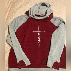 Burgundy Gray Faith Double Hood Hoodie Embroidery Pouch Pockets Finger Pouch 2XL